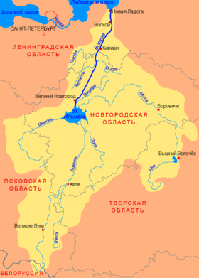Localización del río Shelon, del que el Kalóshka es afluente, en la cuenca del Volkhov-Ilmen