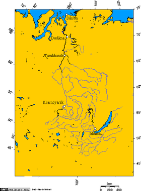 Localización de la boca del Kochecum (del que el Tembenchi es afluente) en el Tunguska Inferior,  en un mapa de la cuenca del Yeniséi (el río no está grafiado)