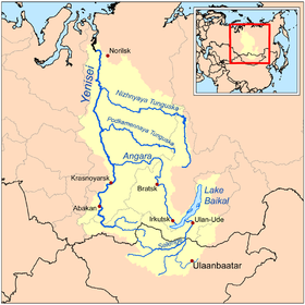 Localización del Tunguska Inferior en la cuenca del Yeniséi (rotulado como Nizhnyaya Tunguska)