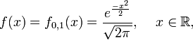 f(x)=f_{0,1}(x)=\frac{e^\frac{-x^2}{2}}{\sqrt{2\pi\,}}, \,\quad x\in\mathbb{R},
