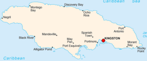 Mapa de la isla de Jamaica en el que se observa la localización de Kingston.