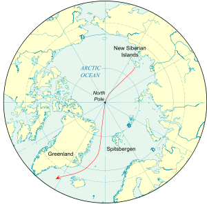 Portion of the globe centred on the North Pole, showing the continental masses of Eurasia and America, also Greenland, Spitsbergen and the New Siberian Islands. The theoretical drift is shown by a line from the New Siberian Islands, through the North Pole and then reaching the Atlantic Ocean by passing between Spitsbergen and Greenland.