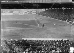 Ray Caldwell pitching in the first game at Ebbets Field, April 5, 1913.jpg
