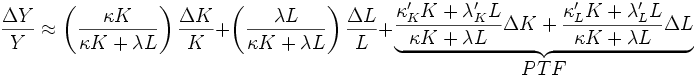 \frac{\Delta Y}{Y} \approx
\left(\frac{\kappa K}{\kappa K +\lambda L}\right) \frac{\Delta K}{K} +
\left(\frac{\lambda L}{\kappa K +\lambda L}\right) \frac{\Delta L}{L} +
\begin{matrix} \\ \underbrace{ \frac{\kappa_K'K+\lambda_K'L}{\kappa K+\lambda L}\Delta K +
\frac{\kappa_L'K+\lambda_L'L}{\kappa K+\lambda L}\Delta L } \\ PTF \end{matrix}
