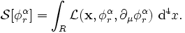 \mathcal{S} [\phi_r^\alpha] = \int_R {\mathcal{L}(\mathbf{x}, \phi_r^\alpha, \partial_\mu \phi_r^\alpha)  \ \mathrm{d}^4x}.