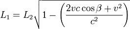  L_1=L_2 \sqrt{1-\left(\frac{2vc\cos\beta+v^2}{c^2}\right)} 