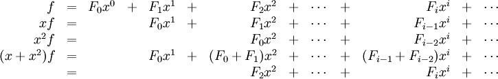 
\begin{array}{rcrcrcrcrcrcr}
f    & = & F_0x^0 & + & F_1x^1 & + & F_2x^2 & + & \cdots & + & F_ix^i & + &\cdots\\
xf   & = &        &  & F_0x^1  & + & F_1x^2 & + & \cdots & + &F_{i-1}x^i & + &\cdots\\
x^2f & = &        &  &         &   & F_0x^2 & + & \cdots & + &F_{i-2}x^i & +&\cdots\\
(x+x^2)f & = &    &  & F_0x^1  & + & (F_0+F_1)x^2 & + & \cdots & + & (F_{i-1}+F_{i-2})x^i & +&\cdots\\
     & = &        &  &         &   & F_2x^2       & + & \cdots & + & F_ix^i & +& \cdots\\
\end{array}
