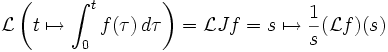 \mathcal L\left(t\mapsto\int_0^t f(\tau)\,d\tau\right)=\mathcal LJf=s\mapsto\frac1s(\mathcal Lf)(s)