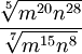 \frac{\sqrt[5]{m^{20}n^{28}}}{\sqrt[7]{m^{15}n^8}}