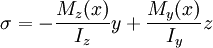 \sigma = -\frac{M_z(x)}{I_z}y+\frac{M_y(x)}{I_y}z