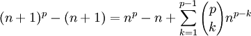 (n+1)^p-(n+1)=n^p-n+\sum_{k=1}^{p-1}{p \choose k}n^{p-k}