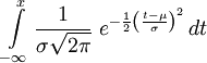 \int\limits_{-\infty}^{x} \frac1{\sigma\sqrt{2\pi}}\; e^{ - \frac{1}{2} \left(\frac{t-\mu}{\sigma}\right)^2}    \, dt \,\!
