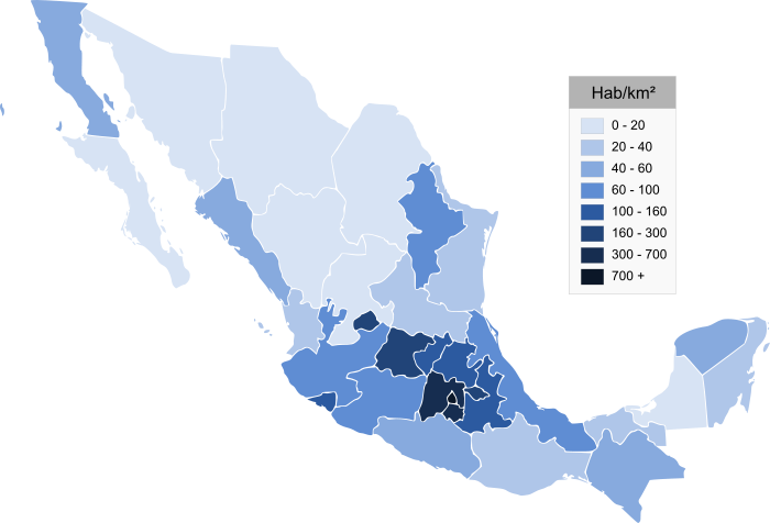 Mapa de México dividido por estados, coloreado según su densidad de población