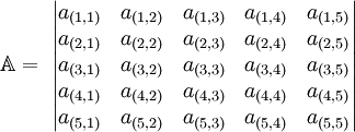 
   \mathbb{A} = \;
   \begin{vmatrix}
      a_{(1,1)} & a_{(1,2)} & a_{(1,3)} & a_{(1,4)} & a_{(1,5)} \\
      a_{(2,1)} & a_{(2,2)} & a_{(2,3)} & a_{(2,4)} & a_{(2,5)} \\
      a_{(3,1)} & a_{(3,2)} & a_{(3,3)} & a_{(3,4)} & a_{(3,5)} \\
      a_{(4,1)} & a_{(4,2)} & a_{(4,3)} & a_{(4,4)} & a_{(4,5)} \\
      a_{(5,1)} & a_{(5,2)} & a_{(5,3)} & a_{(5,4)} & a_{(5,5)}
   \end{vmatrix}
