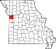 Mapa de Misuri con la ubicación del condado de Jackson