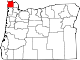 Mapa de Oregón con la ubicación del condado de Clatsop