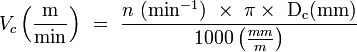 V_c \left ( \mathrm {m \over min} \right)\  =\ \frac{n\ \mathrm{(min^{-1})}\ \times\ \pi \times\ \mathrm{D_c (mm)}}{1000 \left ( {mm \over m} \right) }