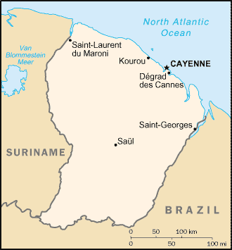 Localización de Cayena en la Guayana Francesa.
