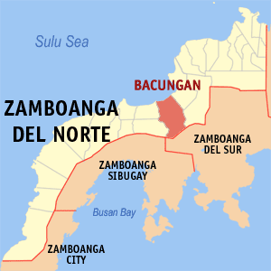 Map of Zamboanga del Norte showing the location of Bacungan