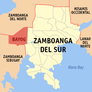 Map of Zamboanga del Sur showing the location of Bayog