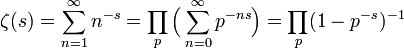 \zeta(s) = \sum_{n=1}^{\infty}n^{-s} = \prod_{p} \Big(\sum_{n=0}^{\infty}p^{-ns}\Big) = \prod_{p} (1-p^{-s})^{-1} 