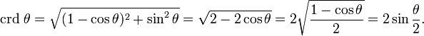  \mbox{crd}\ \theta = \sqrt{(1-\cos \theta)^2+\sin^2 \theta} = \sqrt{2-2\cos \theta} = 2 \sqrt{\frac{1-\cos \theta}{2}} = 2 \sin \frac{\theta}{2}. 